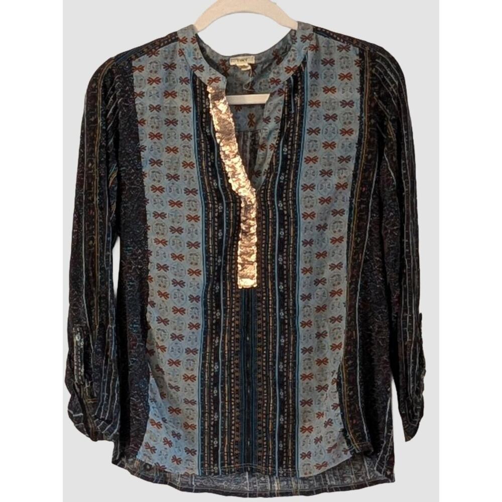 Anthropologie Tiny Boho Print Blouse Gold Sequin Trim Popover Top XS Festival